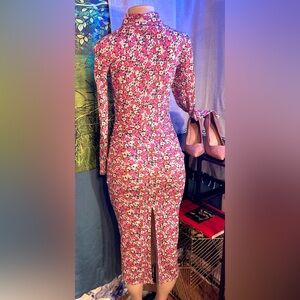 Zara Pink Floral Long-Sleeve Cutout Midi Dress